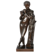 19th Century Bronze Faun playing a flute.