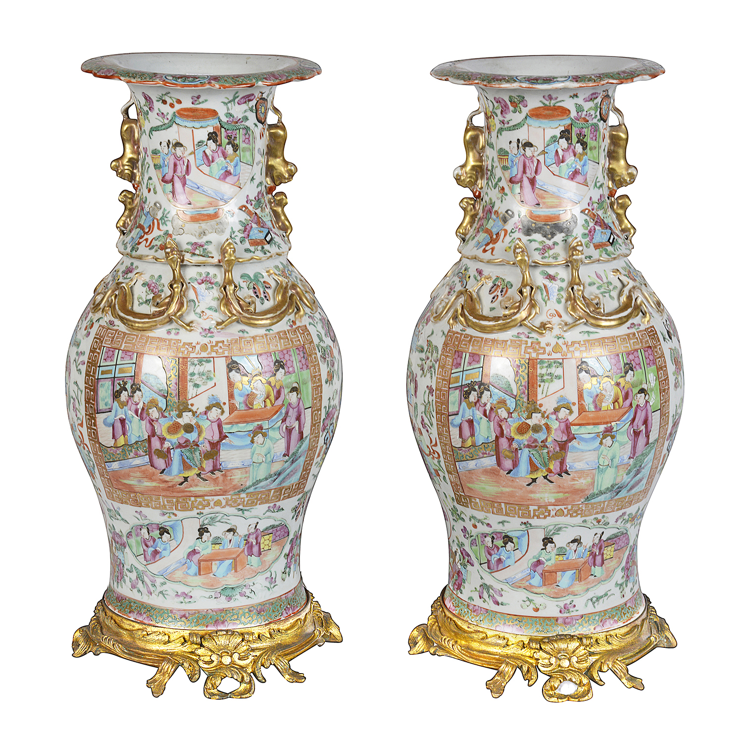 Pair 19th Century Rose medallion vases / lamps.
