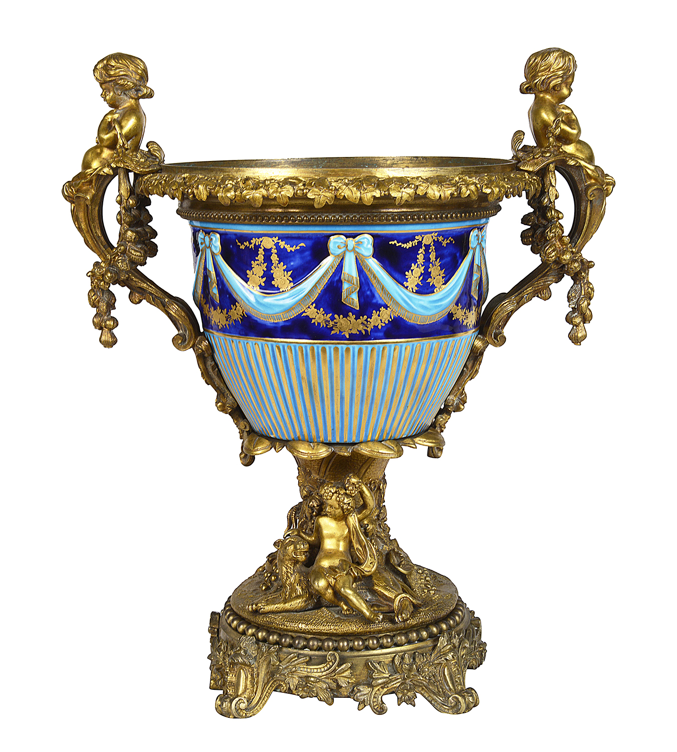 Classical 19th Century French Majolica porcelain and ormolu urn.