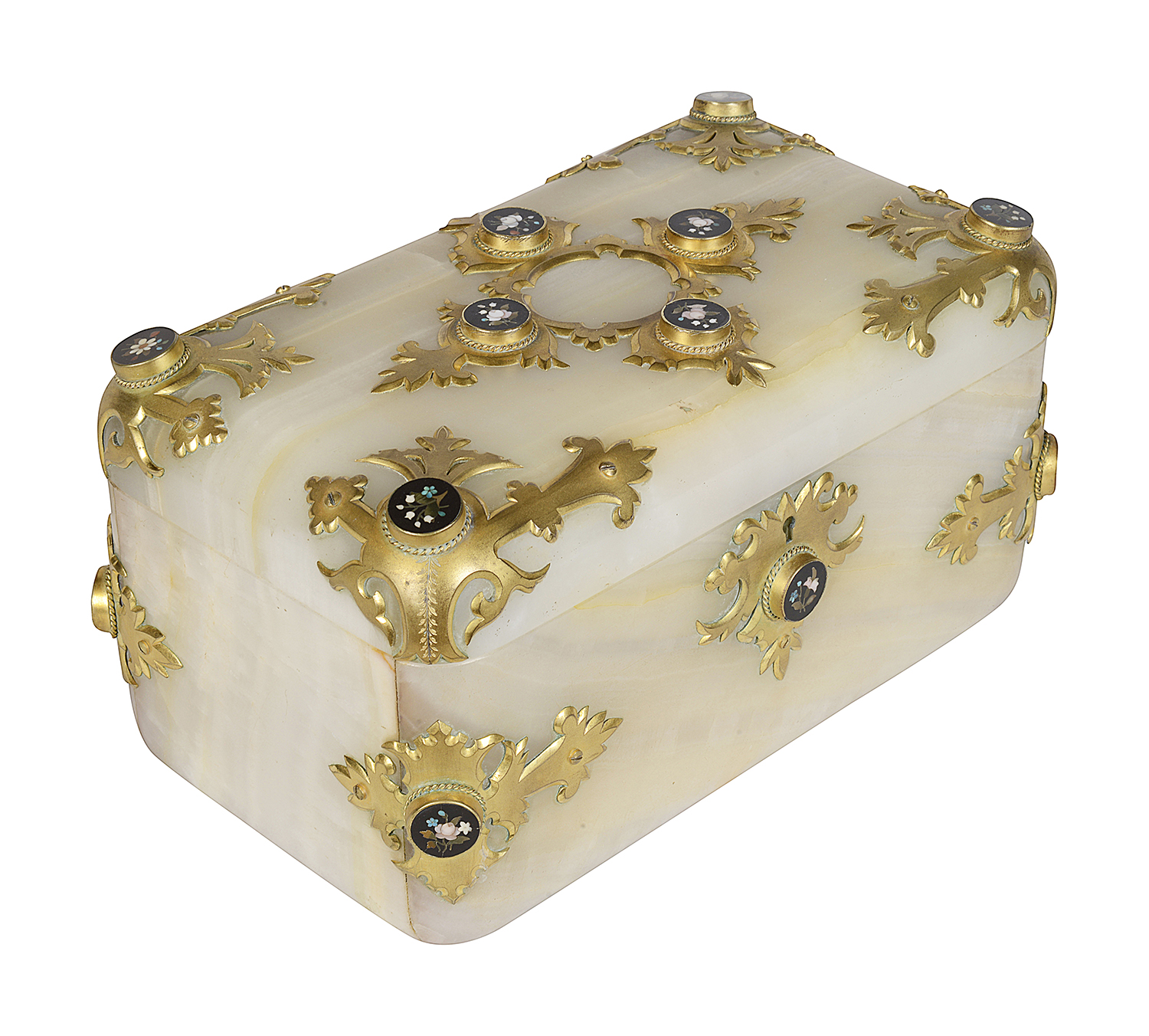 19th Century French onyx + ormolu jewellery casket.