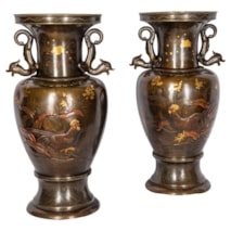 Pair Japanese Miyao style Bronze engraved vases, late C19th. 36cm(14") high