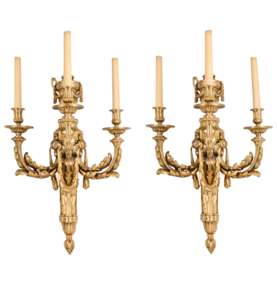 Pair classical 19th Century Louis XVI style ormolu wall lights, 63cm(25")