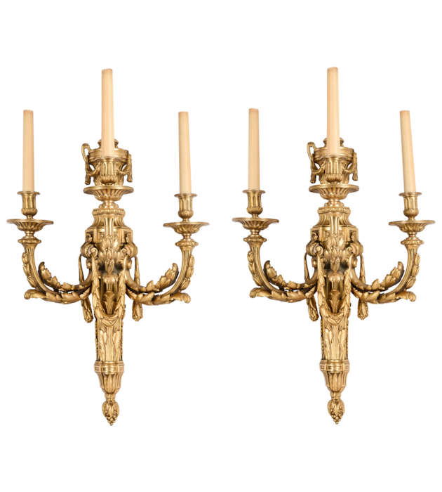 Pair classical 19th Century Louis XVI style ormolu wall lights, 63cm(25")