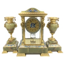 Louis XVI style ormolu, enamel and onyx mantle clock set. C19th