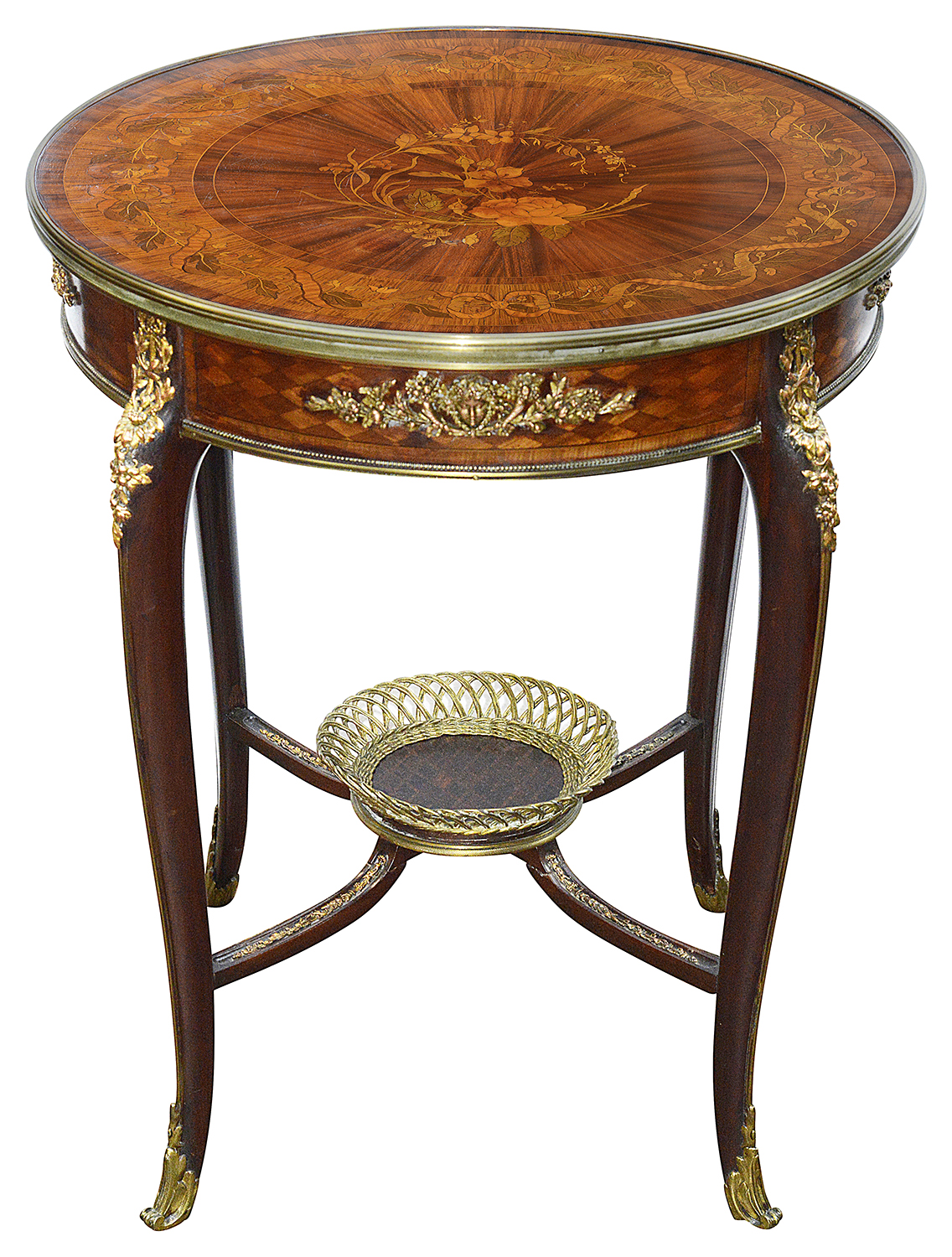 Marquetry inlaid Louis XVI style gueridon, circa 1890.
