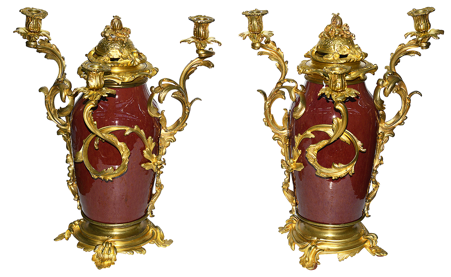 Pair Chinese Sang Du Boeuf vases / candelabra, circa 1880