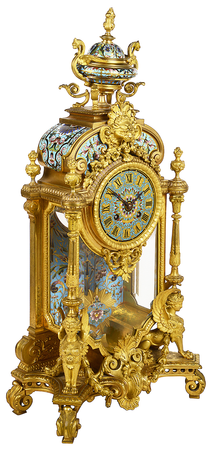 Champleve enamel mantle clock, 19th Century.