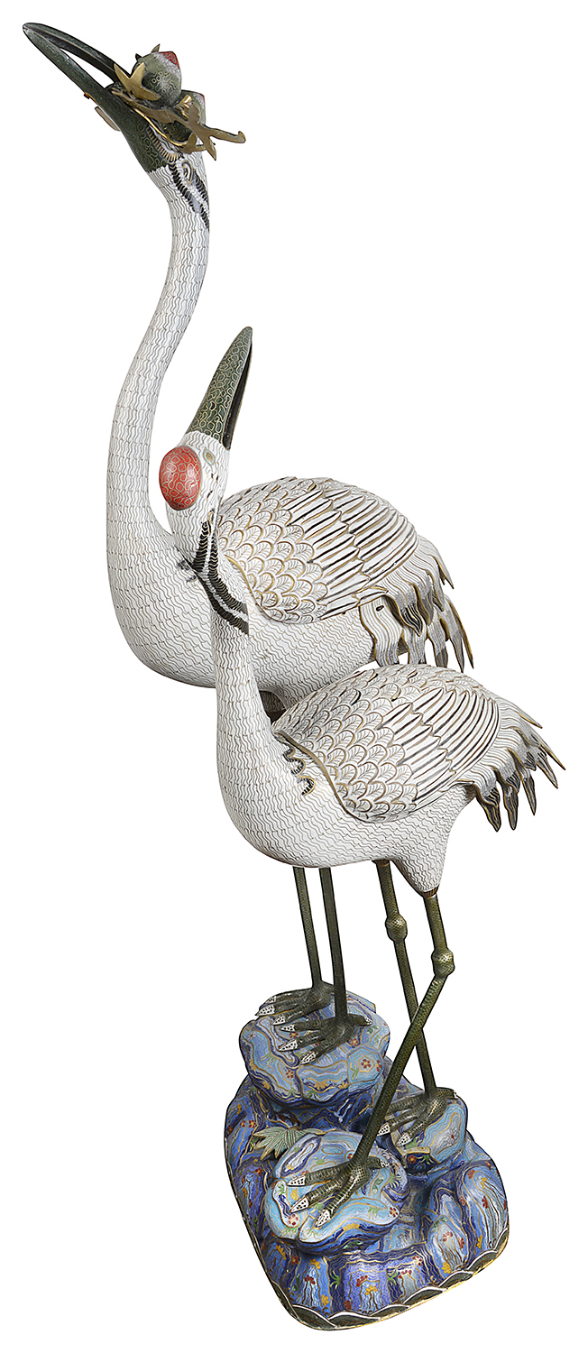 Pair of imposing Chinese Imperial style Cloissone cranes