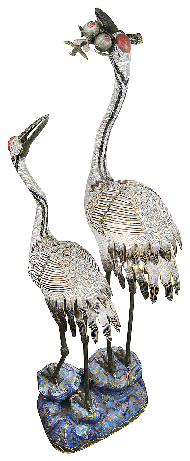 Pair of imposing Chinese Imperial style Cloissone cranes