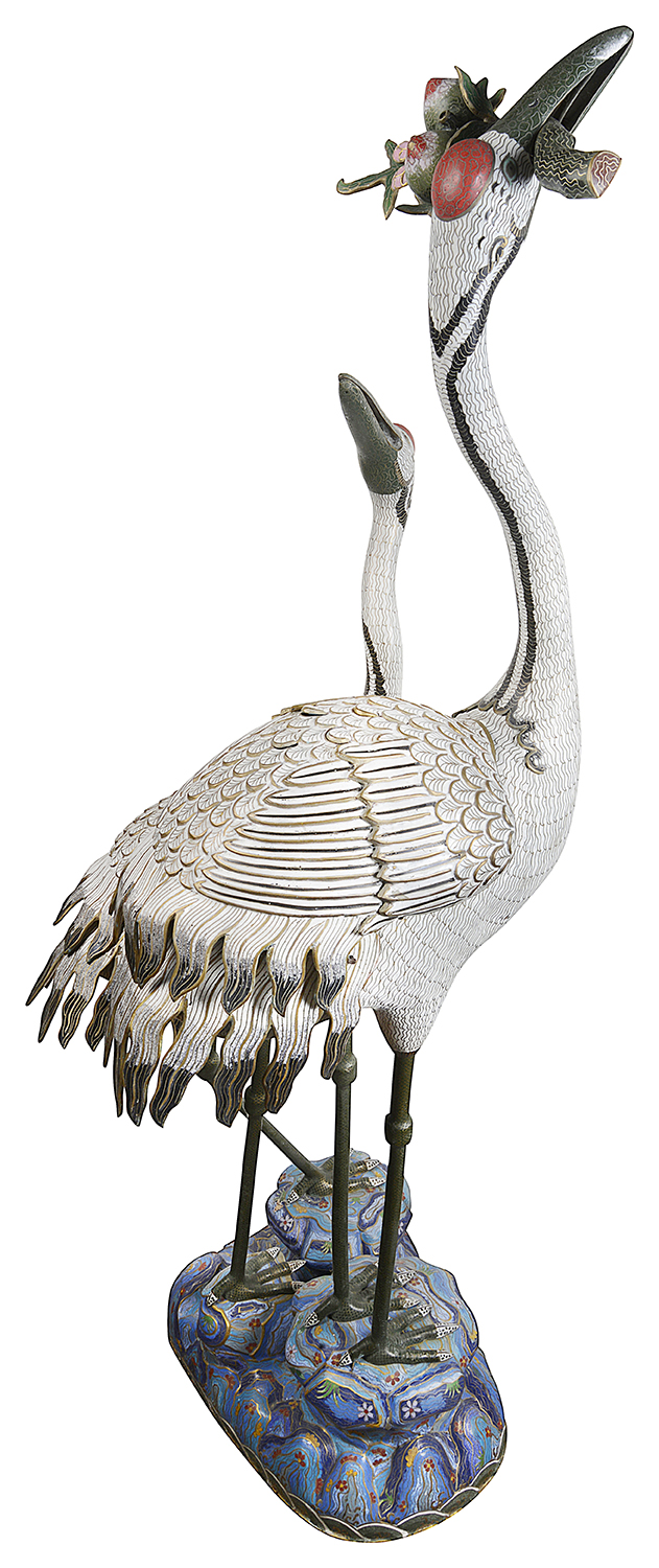 Pair of imposing Chinese Imperial style Cloissone cranes