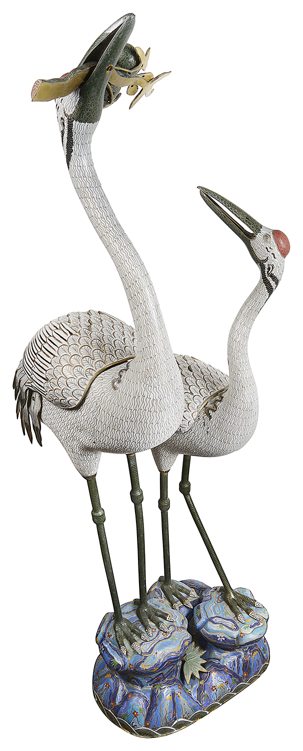 Pair of imposing Chinese Imperial style Cloissone cranes