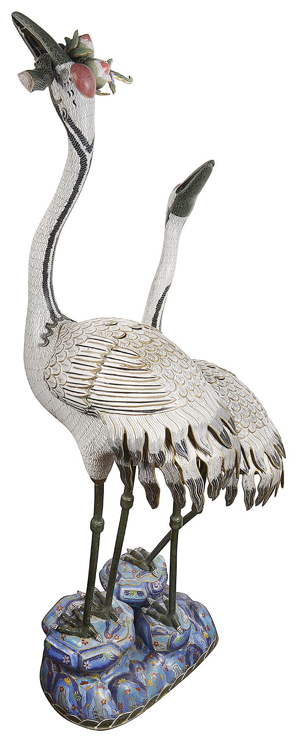 Pair of imposing Chinese Imperial style Cloissone cranes
