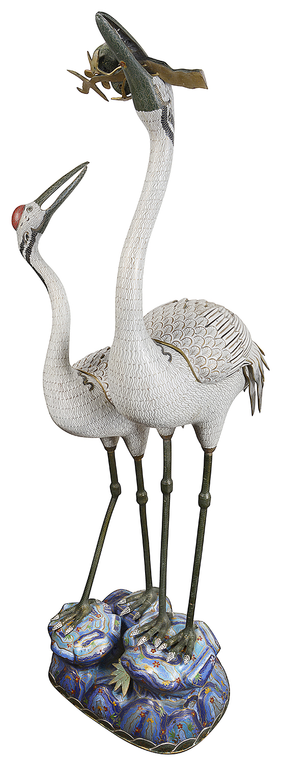Pair of imposing Chinese Imperial style Cloissone cranes
