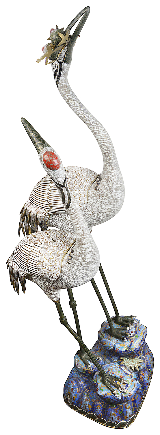 Pair of imposing Chinese Imperial style Cloissone cranes