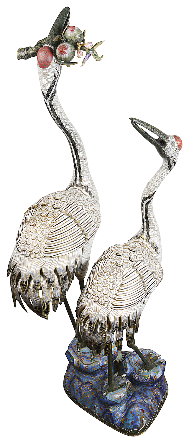 Pair of imposing Chinese Imperial style Cloissone cranes