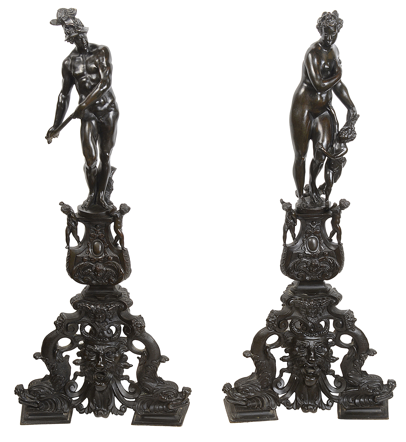 Pair 18th Century style Italian bronze fire dogs