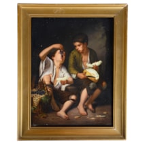 KPM porcelain plaque of young boys eating fruit, circa 1880