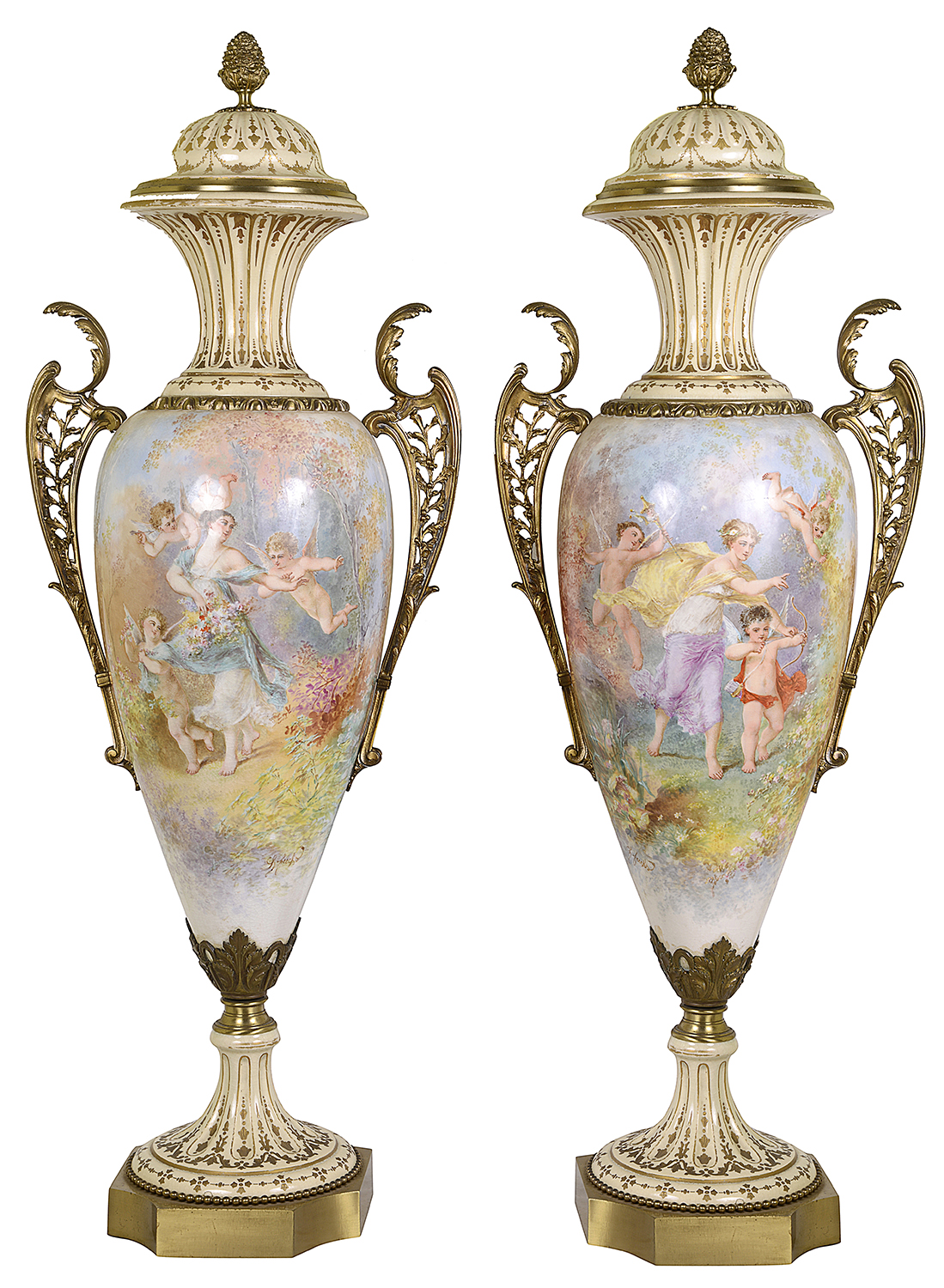 Pair tall Sevres style lidded vases, circa 1890. 102cm high