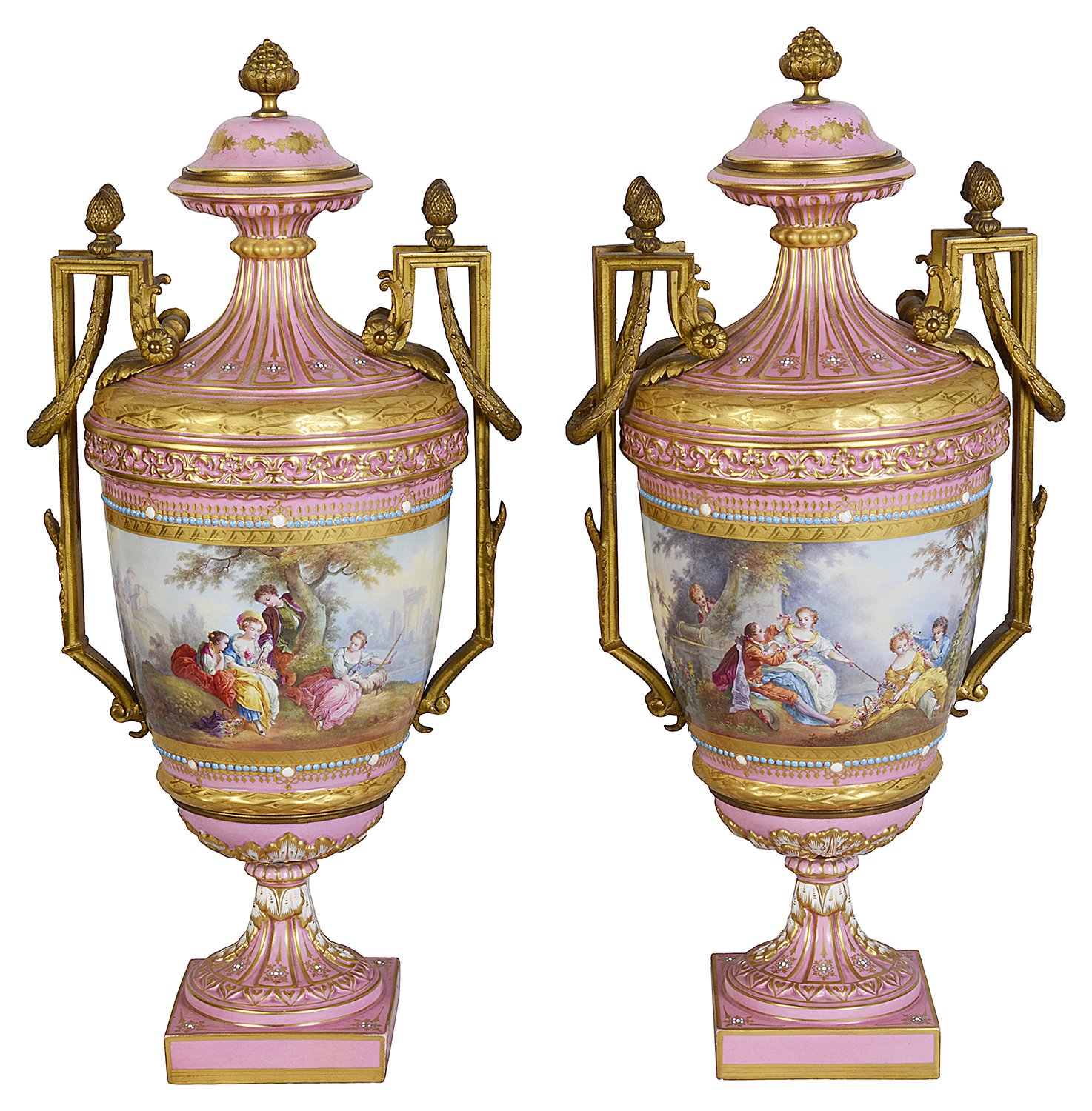 Pair Pink Sevres style vases, 19th Century