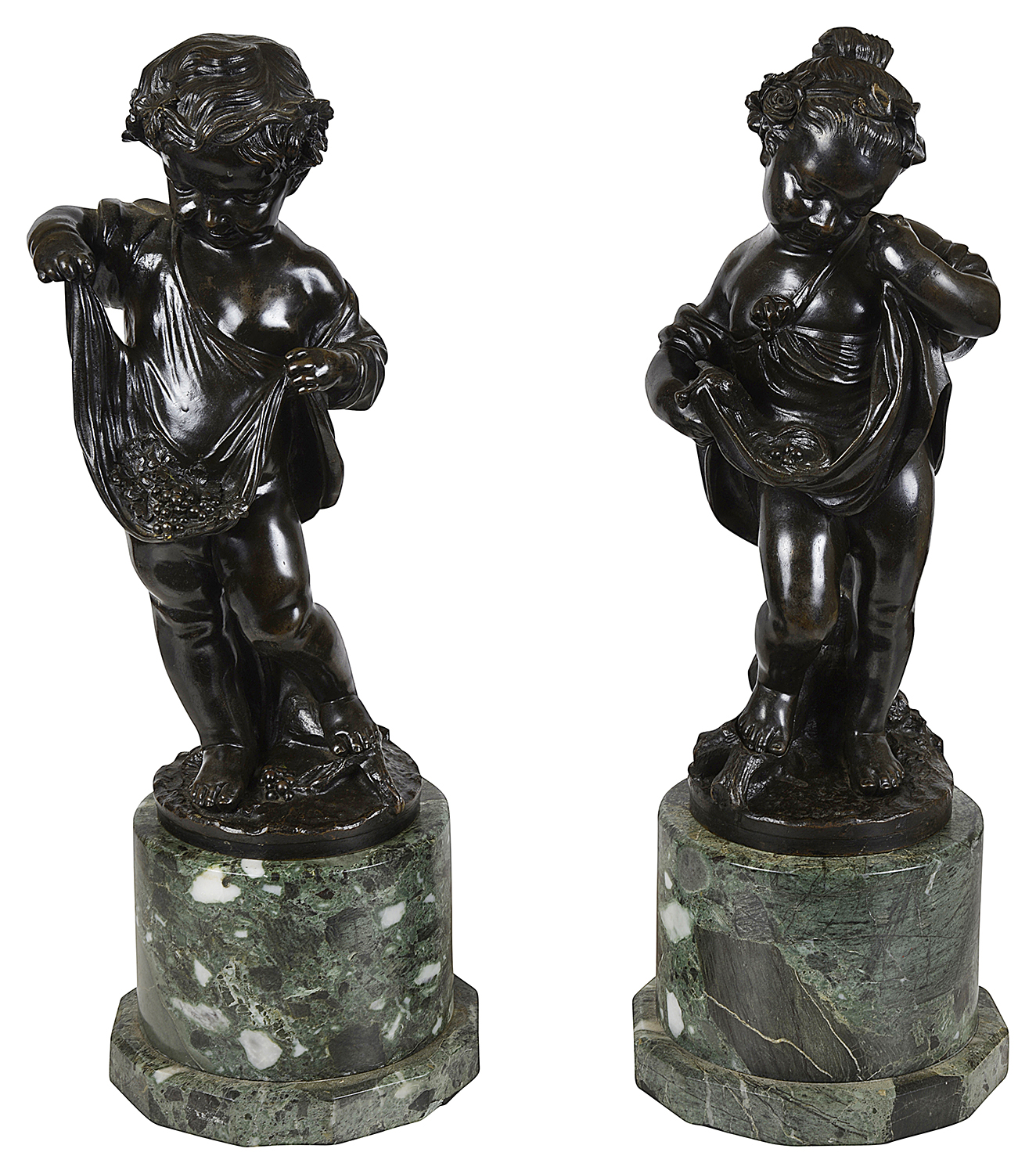 Pair classical bronze statues of children gathering grapes, 19th Century.