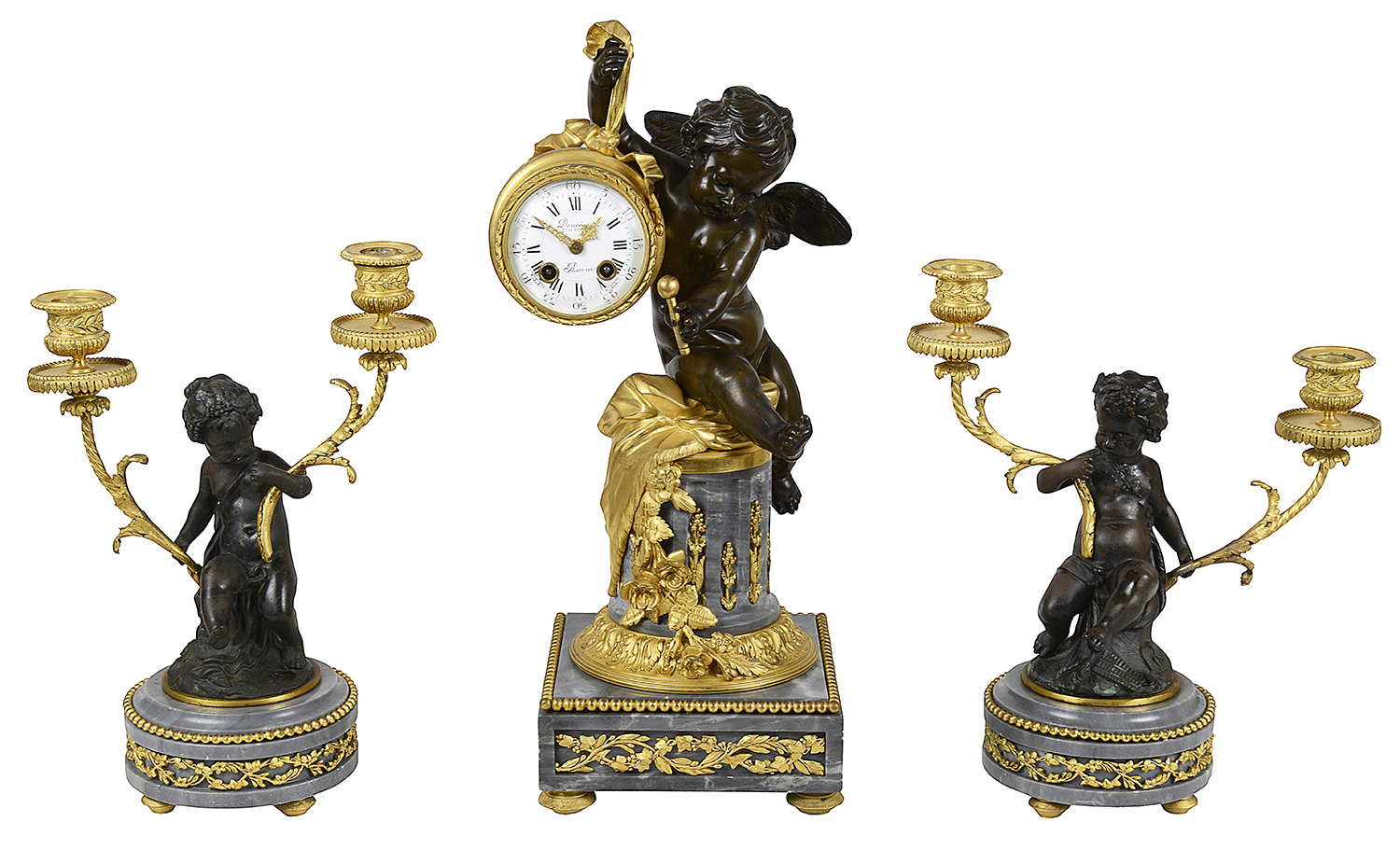 French 19th Century Cherub clock set, by Deniere, Paris