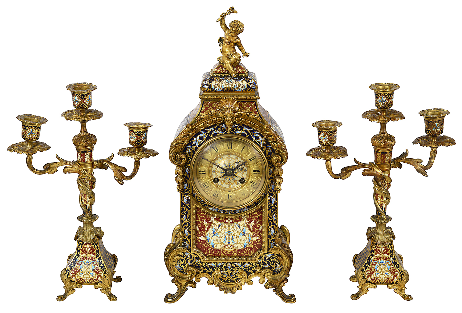French Champleve enamel clock set, 19th Century.