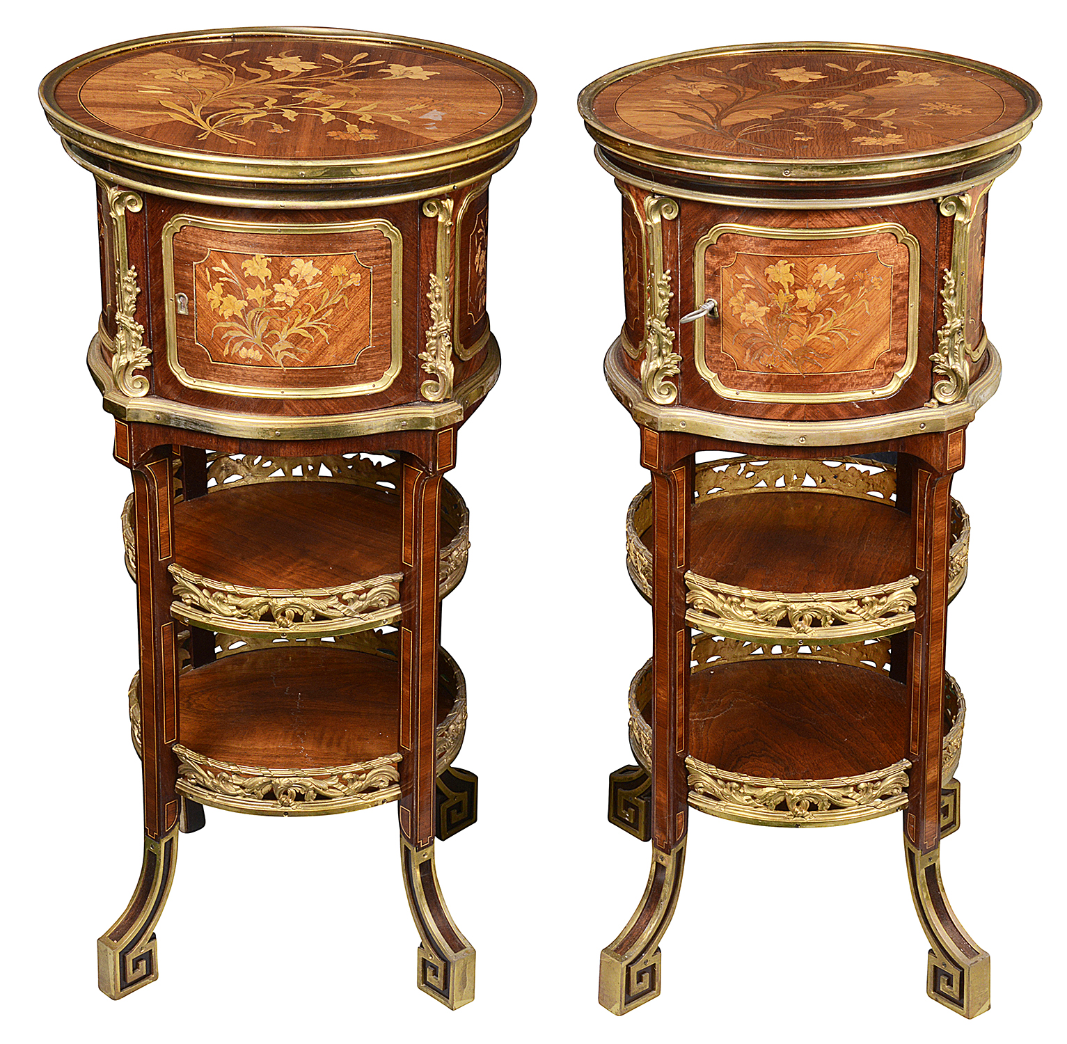 Rare Harlequin pair Louis XVI style marquetry side cabinets, C19th
