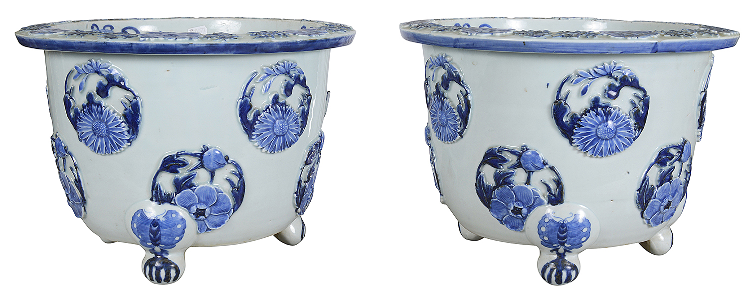 Pair Japanese Blue + White jardiniere, circa 1890