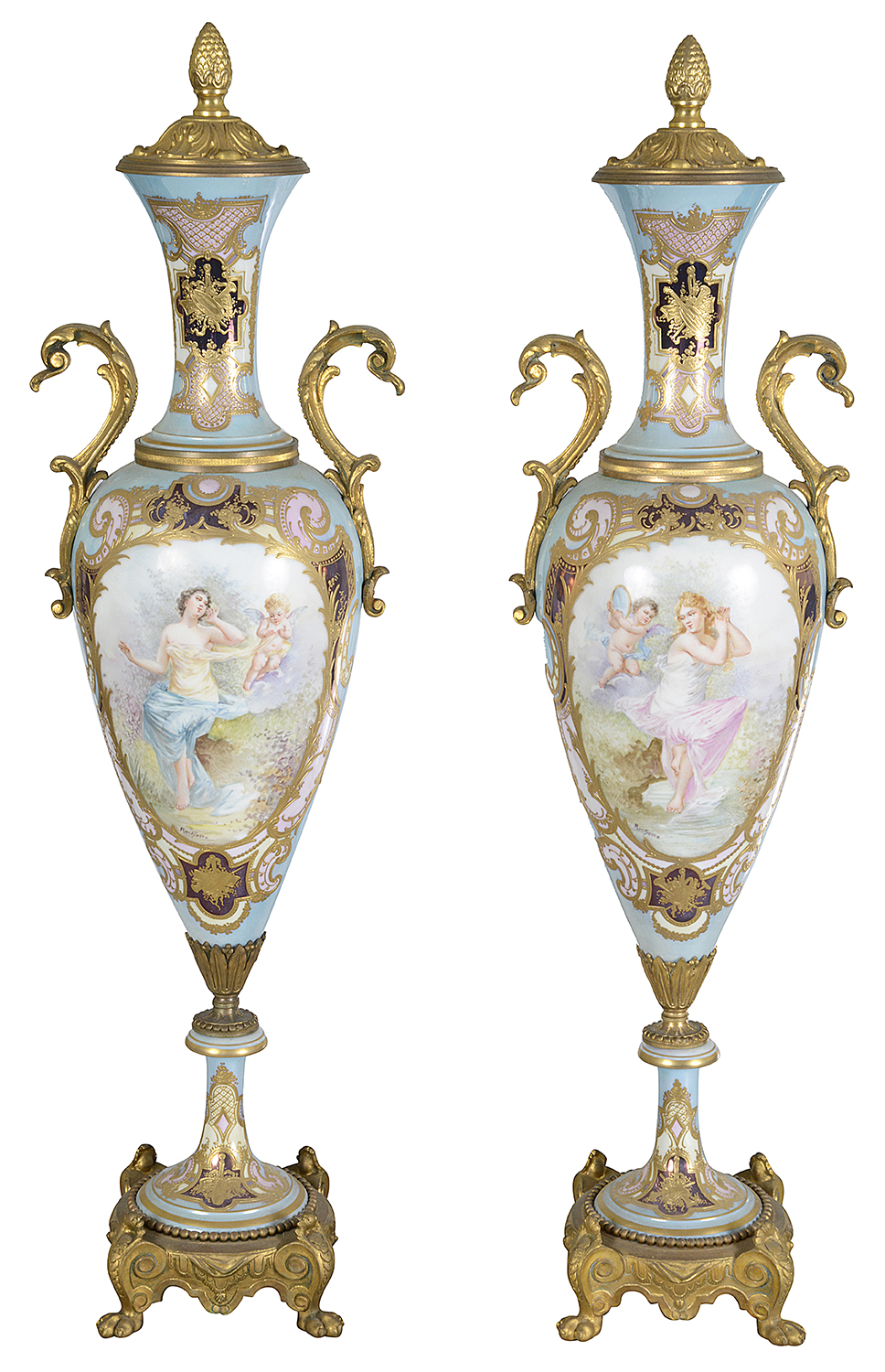 Pair Sevres style lidded vases, C19th