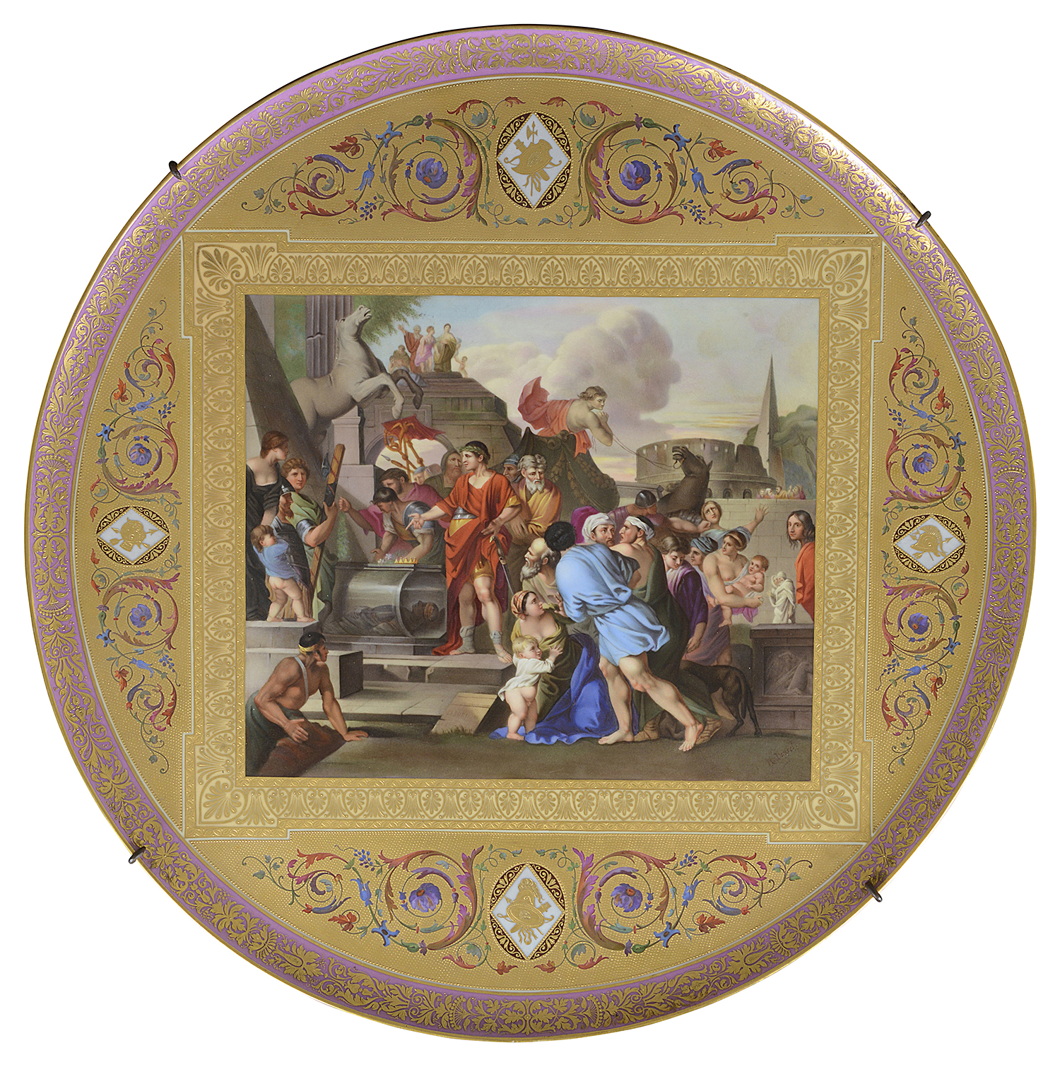 Vienna porcelain charger, depicting 'Caesar at the Grave of Alexander the Great' 60cm