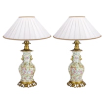 Pair 19th Century Rose Medallion ormolu mounted vases / lamps.