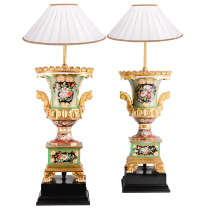 Pair 19th Century Paris porcelain urn / lamps.