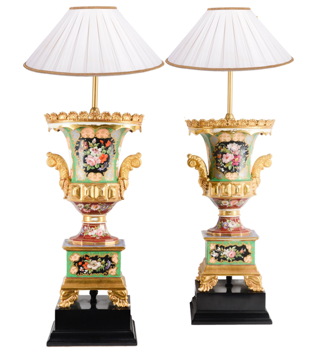 Pair 19th Century Paris porcelain urn / lamps.
