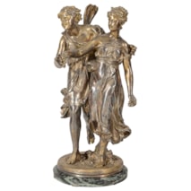 19th Century Silvered Bronze statue of Cherub and maiden, by 'Dumaige'