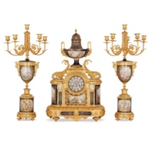 Fine quality C19th Sevres style clock garniture.