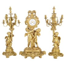Large Louis XVI style gilded clock garniture.