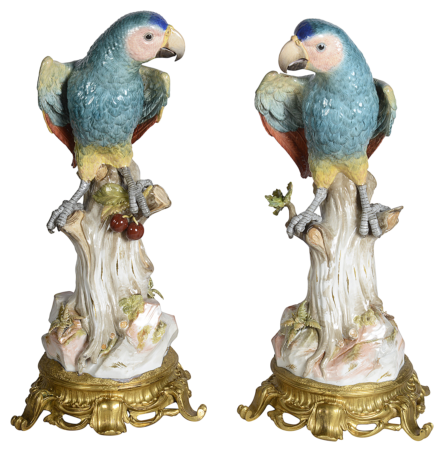 Important pair of 19th Century, ormolu mounted Meissen Parrots. 49cm