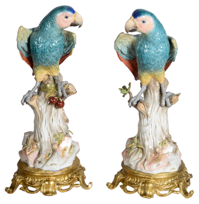 Important pair of 19th Century, ormolu mounted Meissen Parrots. 49cm
