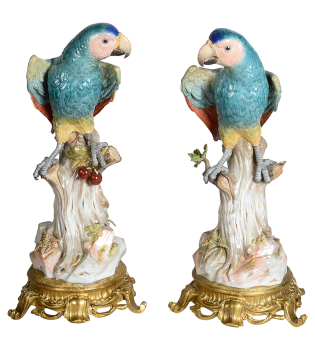 Important pair of 19th Century, ormolu mounted Meissen Parrots. 49cm