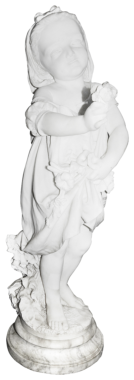 19th Century Marble young girl holding a flower. Signed; P. Della Vedova