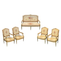 French 19th Century Louis XVI Style Six-Piece Giltwood, Aubusson Salon Suite
