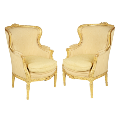 Pair Louis XVI style wing arm chairs.