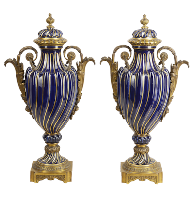 Pair 19th century French Sevres style lidded vases.
