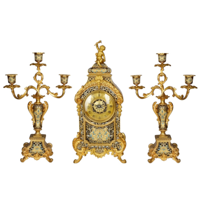 French 19th Century Champleve enamel clock set