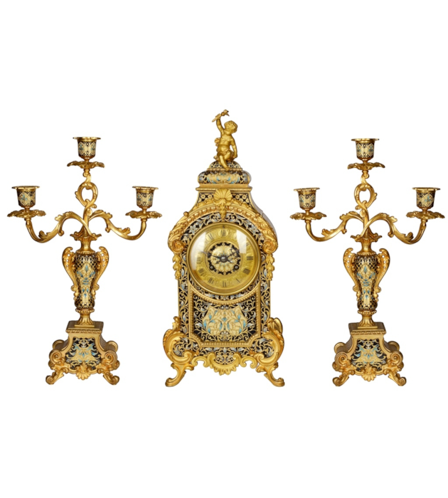 French 19th Century Champleve enamel clock set