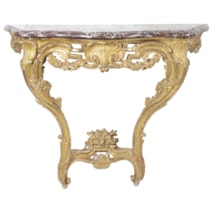 French 18h Century carved giltwood, marble topped console table.