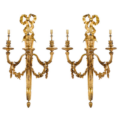 Pair 19th Century classical Louis XVI style ormolu wall lights. 76cm(30") high