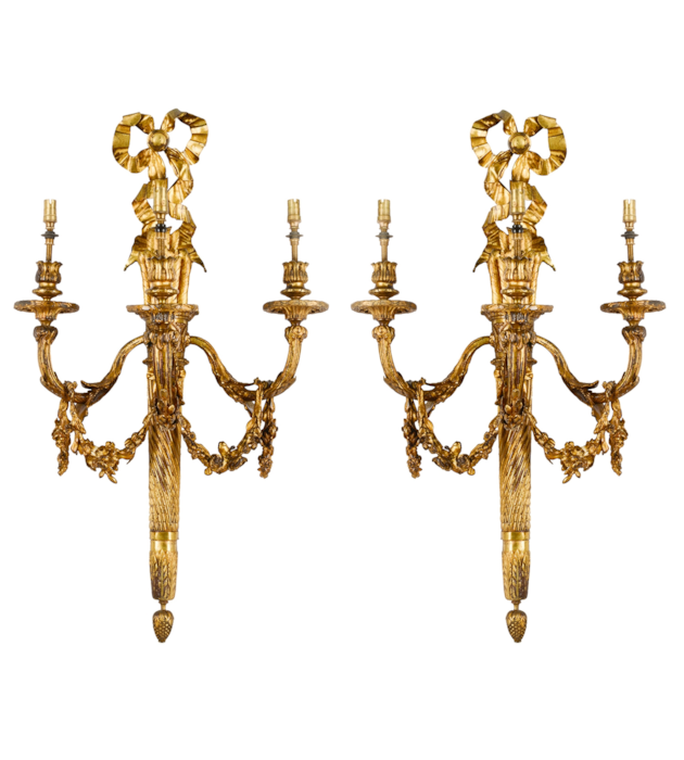 Pair 19th Century classical Louis XVI style ormolu wall lights. 76cm(30") high
