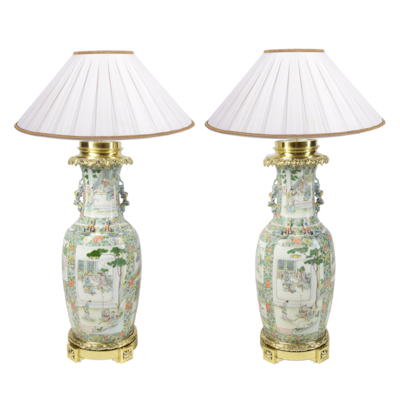 Large pair Rose medallion 19th Century vases / lamps