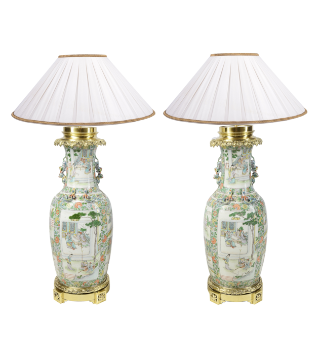 Large pair Rose medallion 19th Century vases / lamps